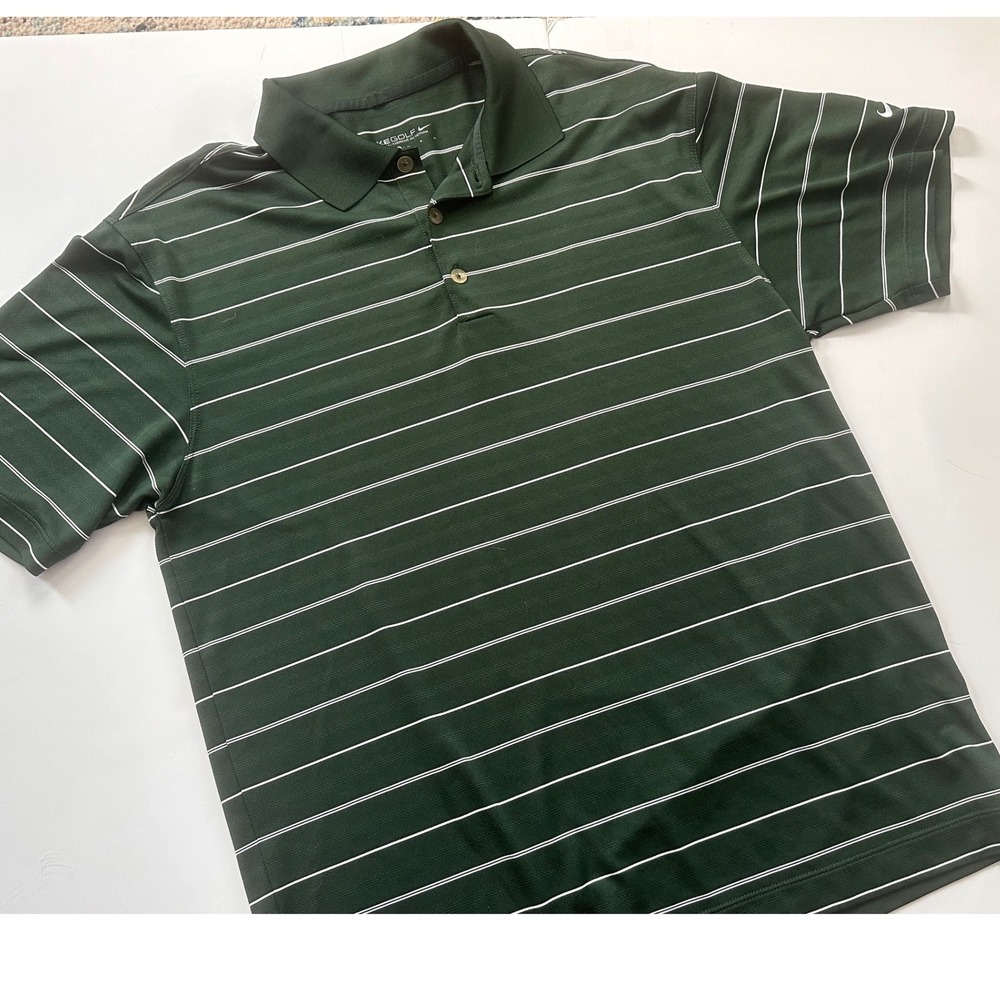 Nike Golf Dri-FIT Mens Medium Green White Striped Short Sleeve Polo Shirt‎